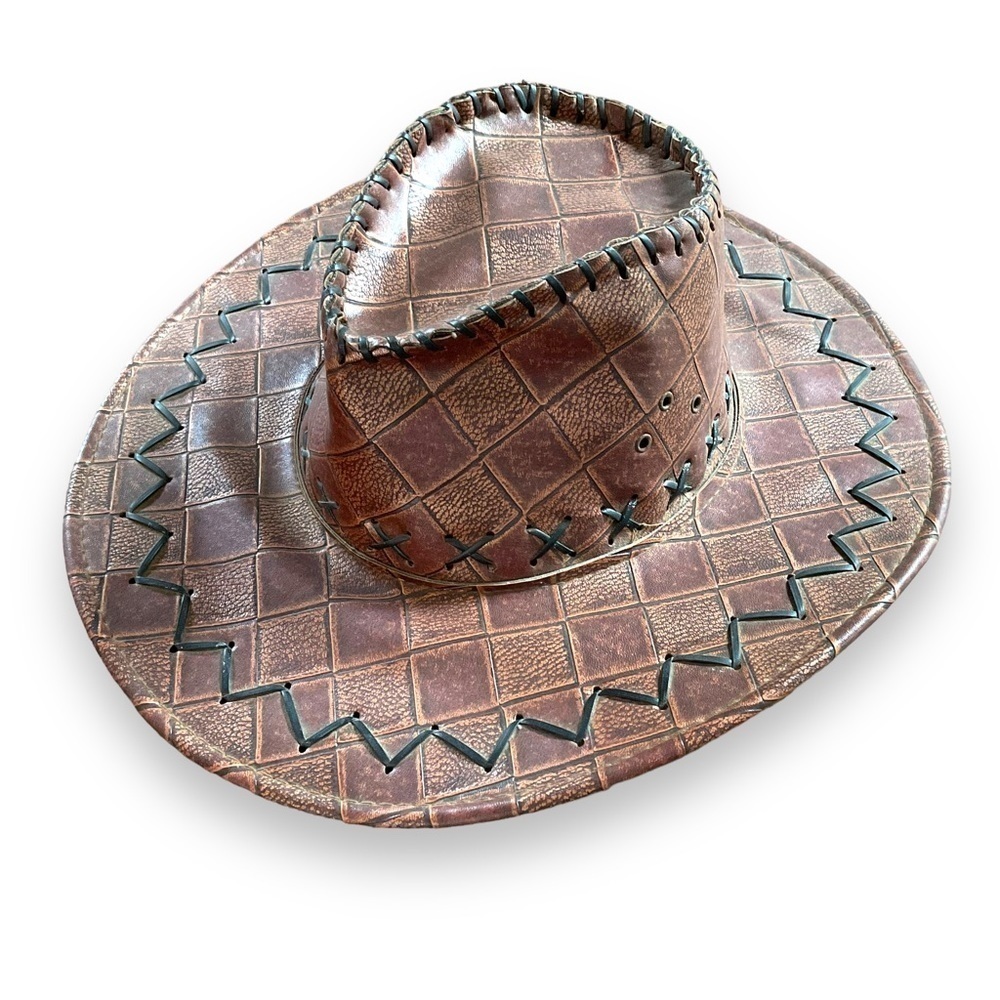 Cowboy Hat Brown Faux Leather Vegan Stitched Cowgirl Western Rodeo Wear